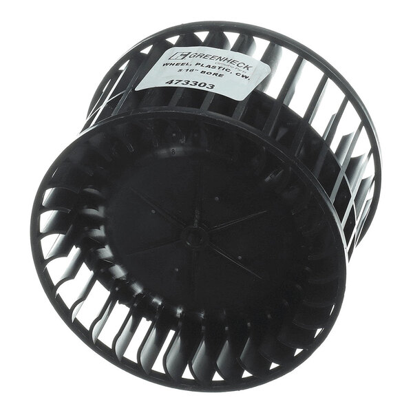 A black plastic blower wheel with evenly spaced blades and a label on the side.