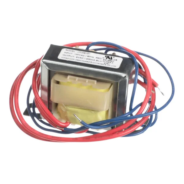 A metal-cased Adcraft PW-7 thermometer transformer with attached red and blue wires.