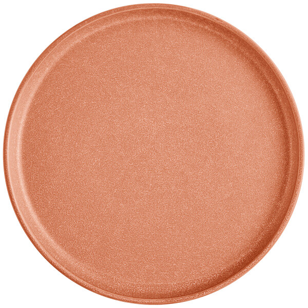 A round, terra cotta-colored plate with a matte finish and a slightly raised rim.