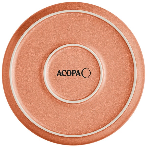 A round, terra cotta-colored plate with a matte finish and the word 'ACOPA' printed in the center.