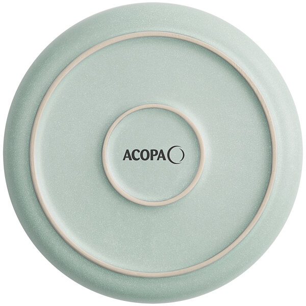 A round, light blue plate or bowl viewed from the bottom, featuring the brand name 'ACOPA' in the center.