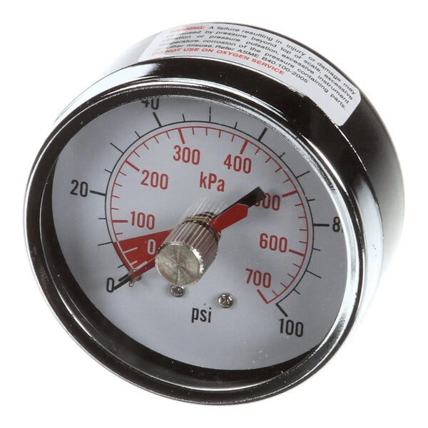 A round analog pressure gauge displaying measurements in both psi and kPa, with a range of 0-100 psi and 0-700 kPa.