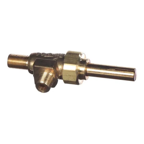 A brass-colored metal gas valve with threaded connections and a cylindrical extension, shown against a white background.