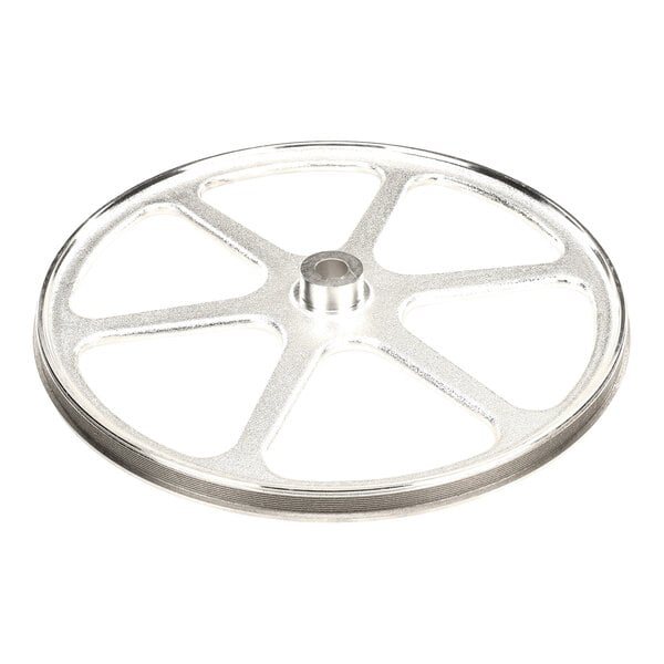 A 16-inch, 6-spoke lower saw wheel made of metal.