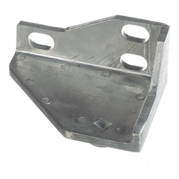 A metal bottom left hinge bracket with four mounting holes, designed for use with Adcraft equipment.