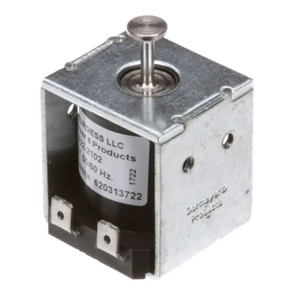 A metal solenoid pull actuator with a protruding plunger and two electrical terminals, designed for 24Vac operation.