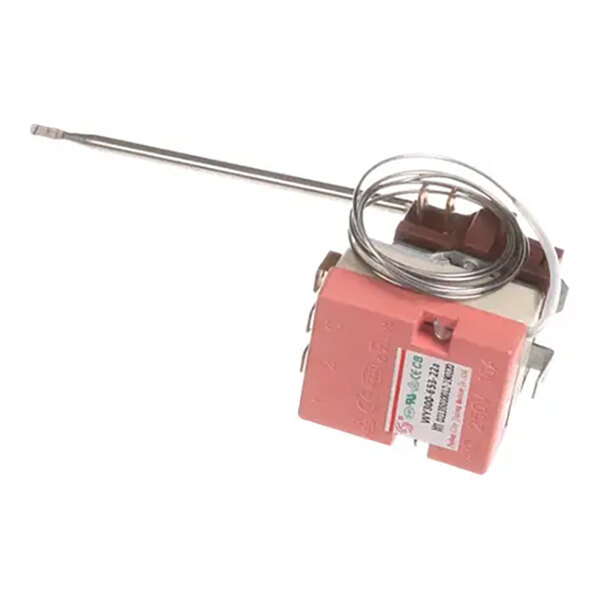 A temperature control unit with a metal probe and coiled sensor, used for regulating temperature in appliances.