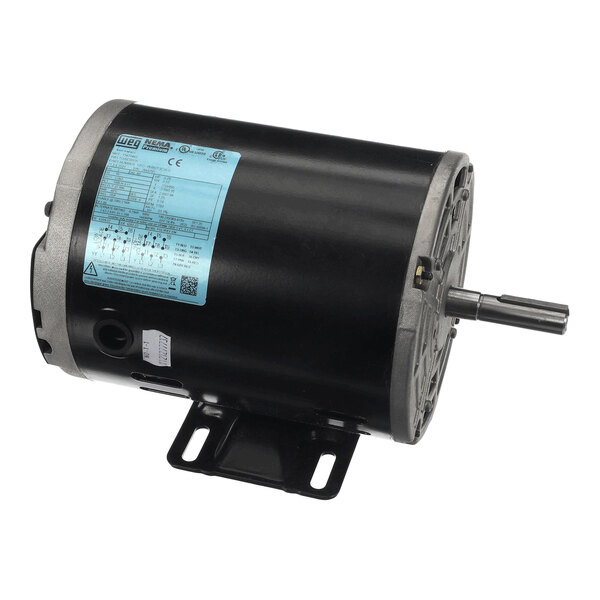An electric motor with a cylindrical black housing and a metal mounting base.