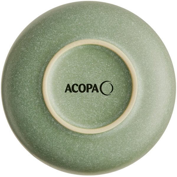 A green bowl shown upside down with a matte finish and the word 'ACOPA' printed on the bottom.