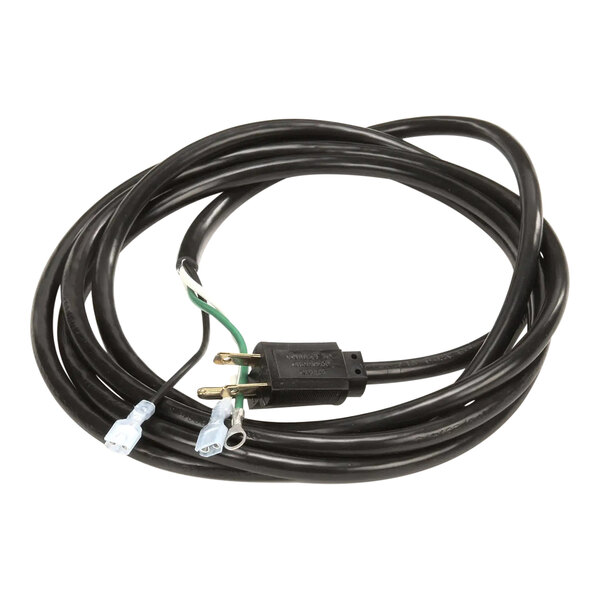 A black power cord with a standard plug on one end and three exposed wire connectors on the other end.
