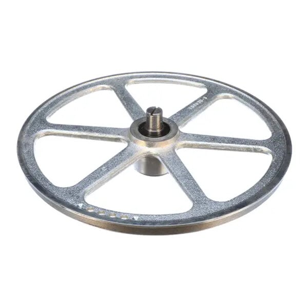 An upper wheel assembly with six spokes, made of metal, designed for use in machinery.