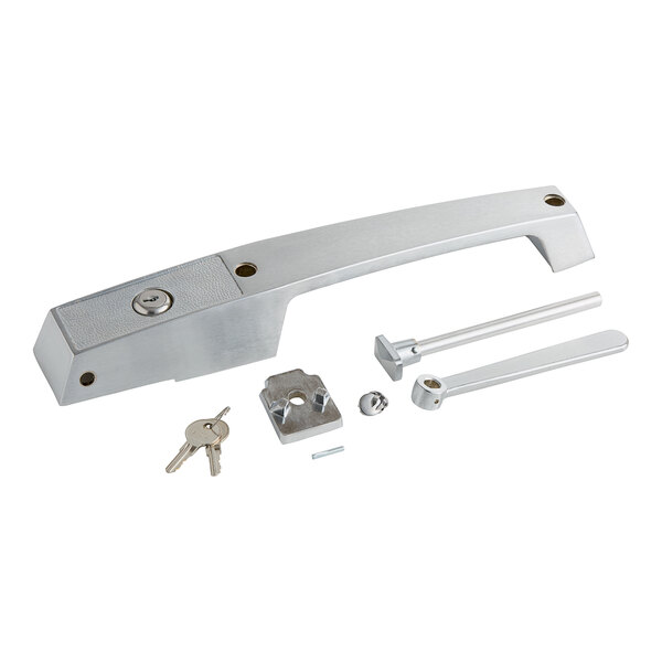A Kason metal lever handle with release and cylinder lock, along with keys and screws.