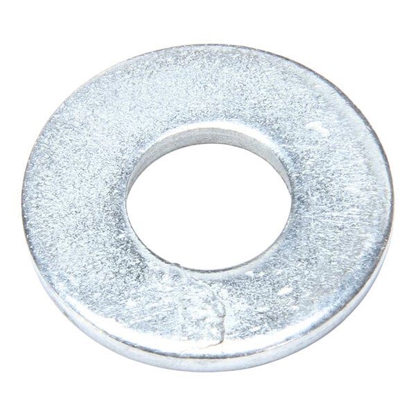 A flat, metallic washer with a central hole, typically used for distributing the load of a threaded fastener.