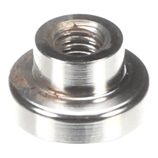 A metallic, round, threaded bolt component with a flange, typically used in machinery or equipment.