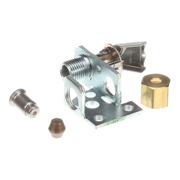 A metal pilot burner assembly kit with various fittings and components for a gas appliance.