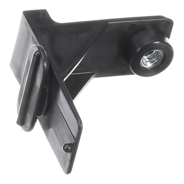 A black nylon hood clip with a threaded insert, used for securing components in place.