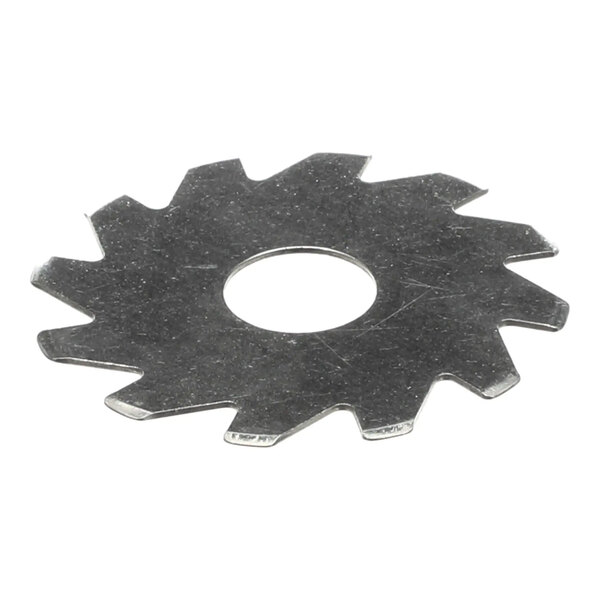 A circular metal knife blade with jagged edges and a central hole, designed for use with Biro equipment.