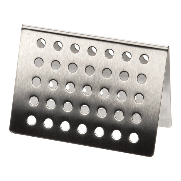 A small stainless steel divider with multiple circular holes arranged in rows.