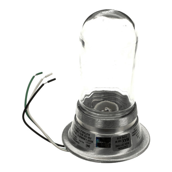 A glass and metal industrial light fixture with exposed wiring.