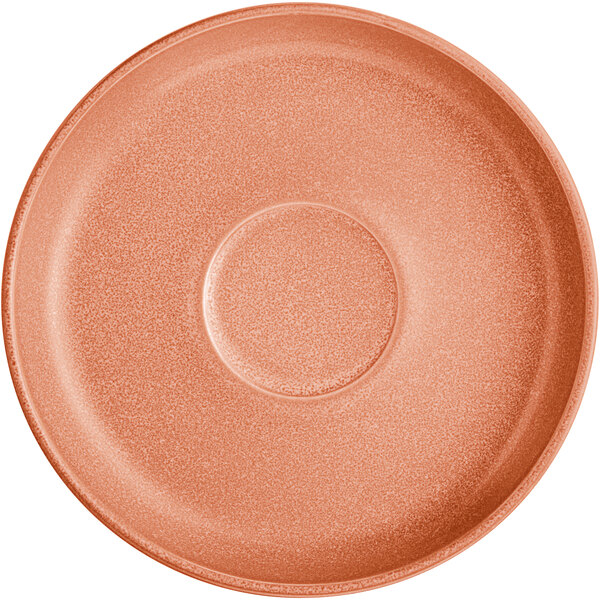 A round, terra cotta-colored saucer with a matte, speckled finish and a raised center ring.