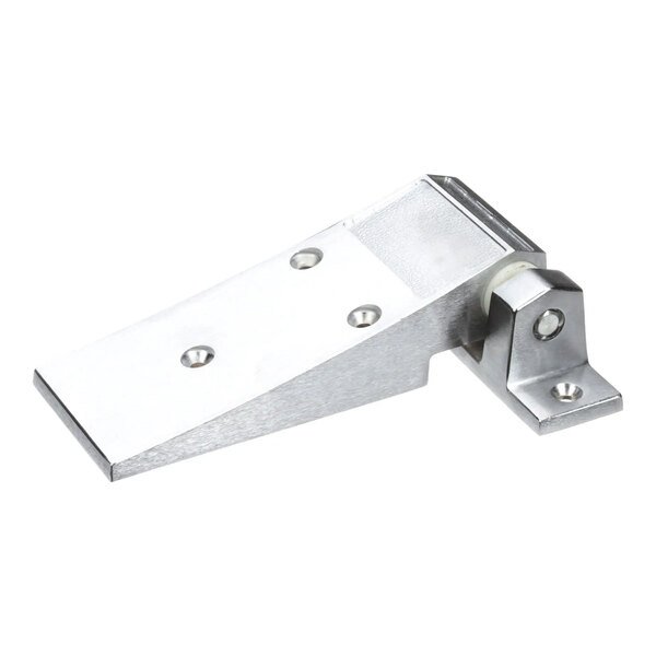 A metal right-hand hinge with a mounting plate and pivot point, typically used for doors or panels.