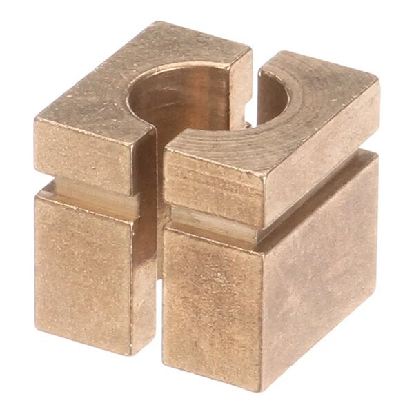 A square bronze bearing with a central circular cutout and a split design, used for supporting a door shaft.