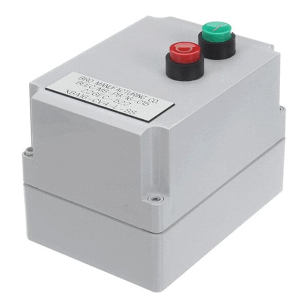 A gray electrical control box with a red and a green push button on top.