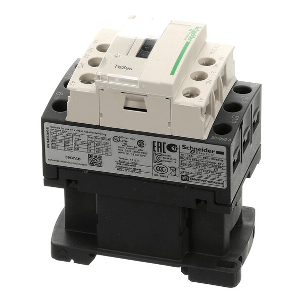 A Schneider Electric TeSys contactor with a 3-pole configuration and labeled technical specifications.