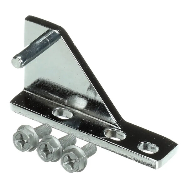 A metal upper left hinge with three mounting screws.