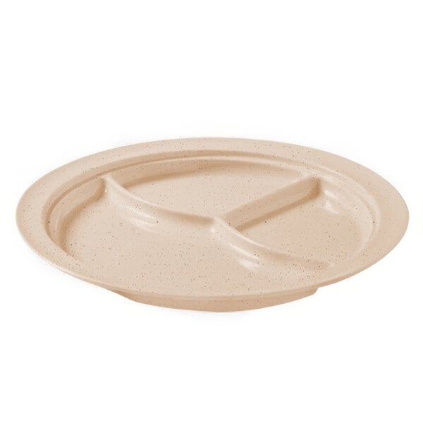 A white plate with three sections.