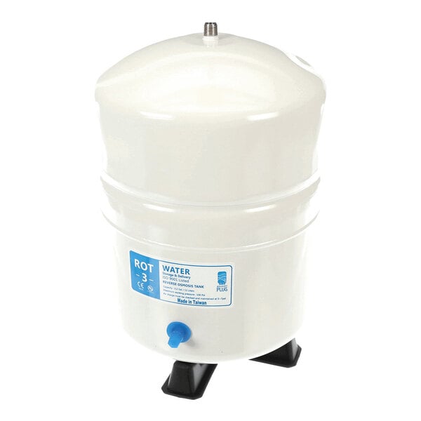 A white 2.5-gallon reverse osmosis (R.O.) water storage tank with a blue valve and black plastic stand.