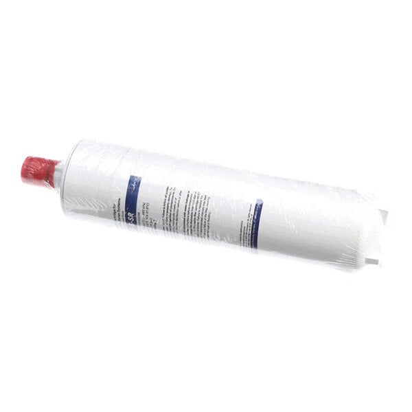 A cylindrical water filter cartridge with a red cap, labeled for sediment filtration.