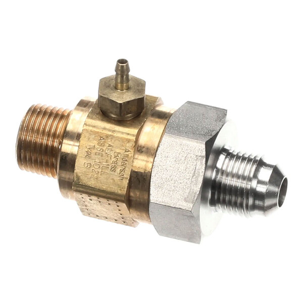 A brass and metal check vent valve with threaded fittings.