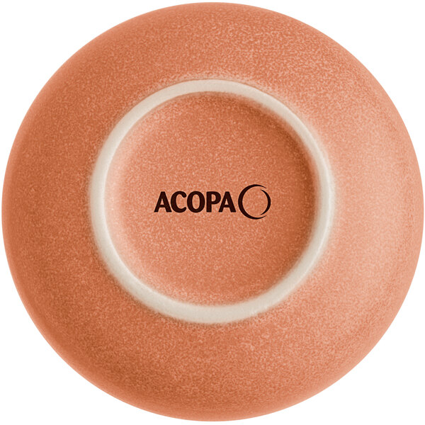 The image shows the bottom view of a round, terra cotta-colored dish with a matte finish and the brand name 'ACOPA' printed in the center.