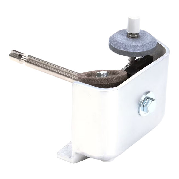 A metal sharpener assembly with a cover, featuring grinding wheels and a mounting bolt.