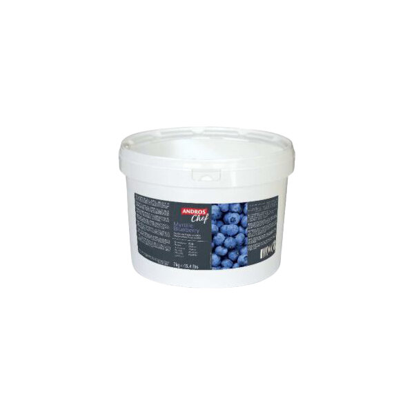 A large white plastic tub of Andros Chef Sweetened Wild Blueberry Puree weighing 15.4 pounds.