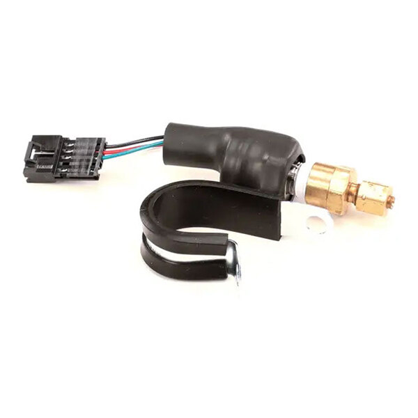 An electronic assembly transducer with a brass fitting, black mounting bracket, and multi-colored wiring harness, used in Concordia Beverage Systems.