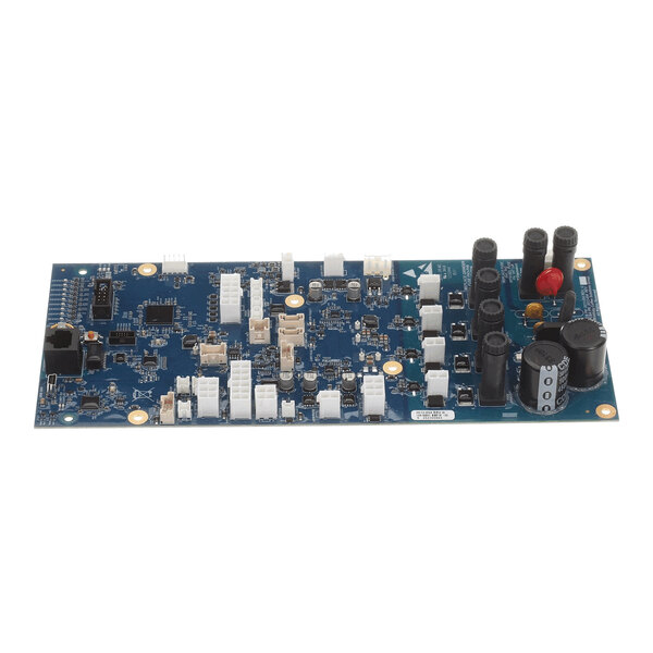 A blue electronic control circuit board with various connectors, capacitors, and components, used in Concordia Beverage Systems machines.