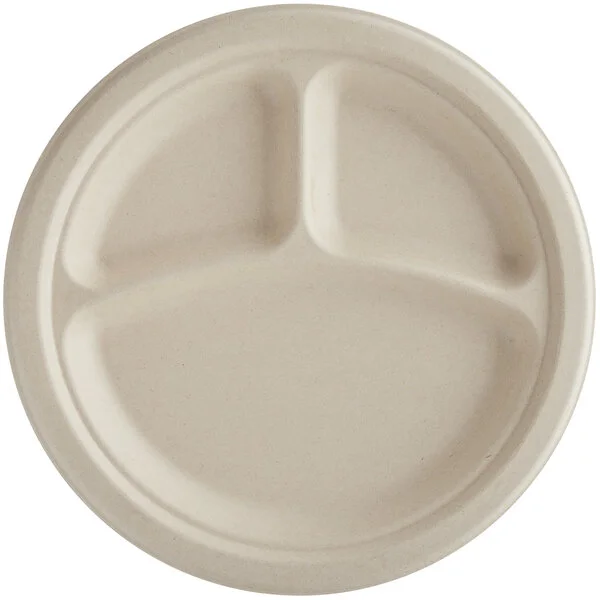 A round, beige, 3-compartment compostable plate made from plant fiber.