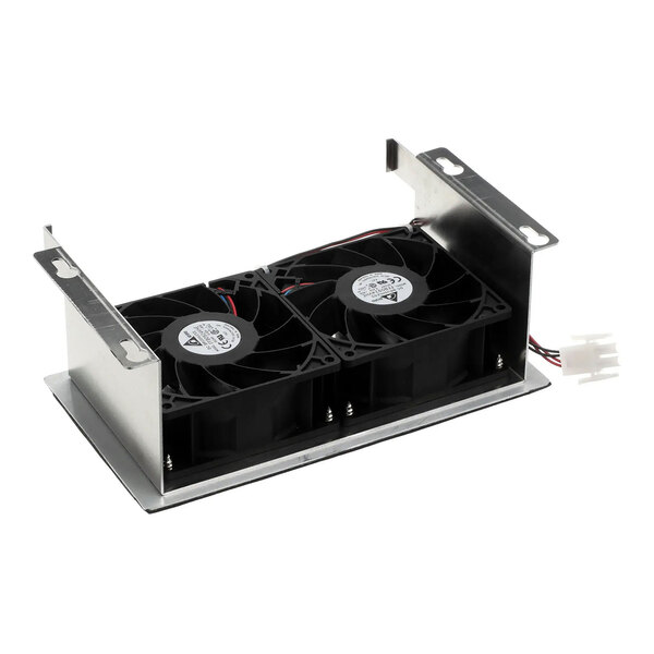 An assembly featuring two black cooling fans mounted in a metal bracket, used for refrigeration or beverage systems.