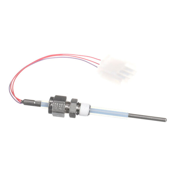 A temperature level probe assembly with attached wiring and connector.