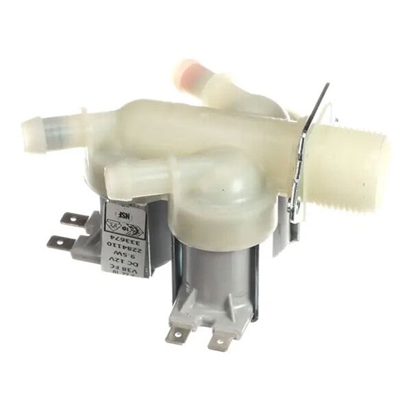 A plastic and metal solenoid valve component for a washing machine.