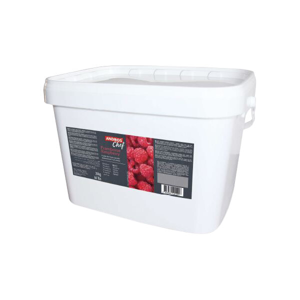 A large white plastic tub of Andros Chef Sweetened Raspberry Puree weighing 44 lb.