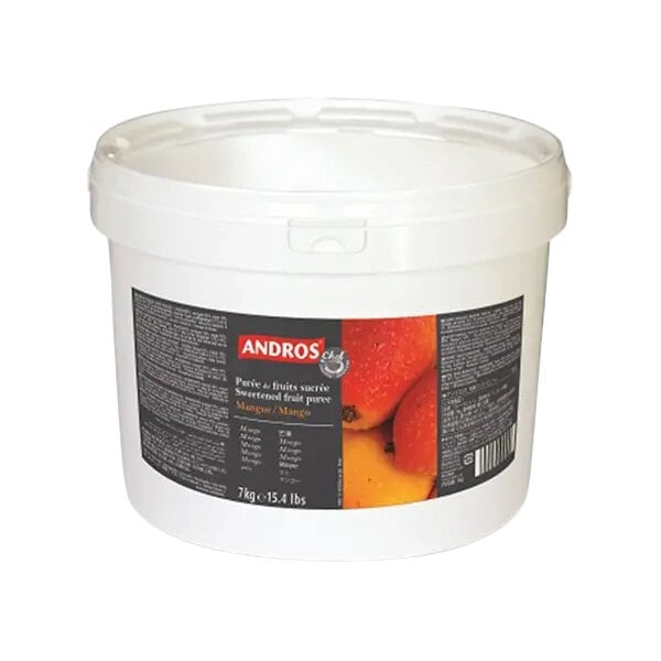 A large white plastic tub of Andros Chef Sweetened Mango Puree weighing 15.4 lbs.