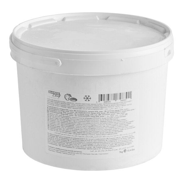 A large white plastic tub of Andros Chef Sweetened Mango Puree weighing 15.4 pounds.