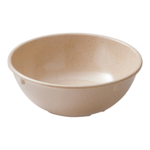 A sandstone melamine bowl with a speckled surface.