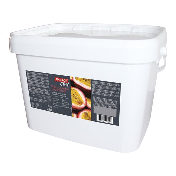 A large white plastic tub of Andros Chef Sweetened Passion Fruit Puree weighing 44 pounds.