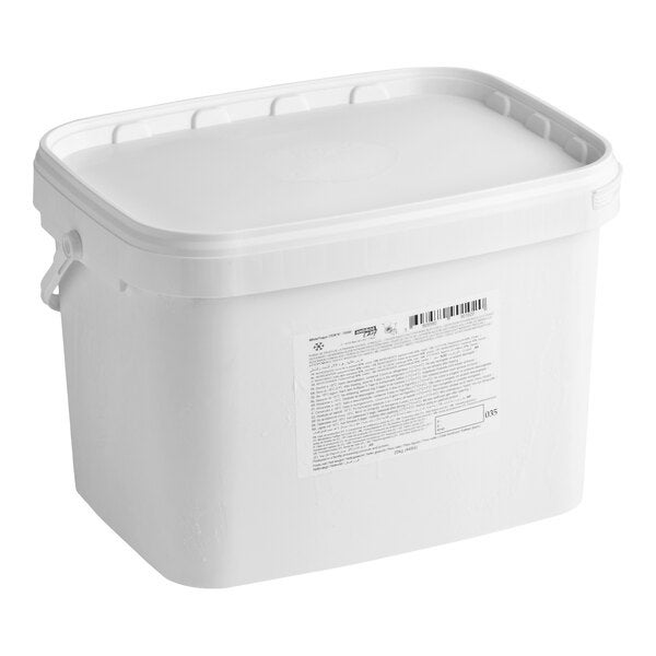 A large white plastic tub with a lid and a product label, containing Andros Chef Sweetened Passion Fruit Puree.