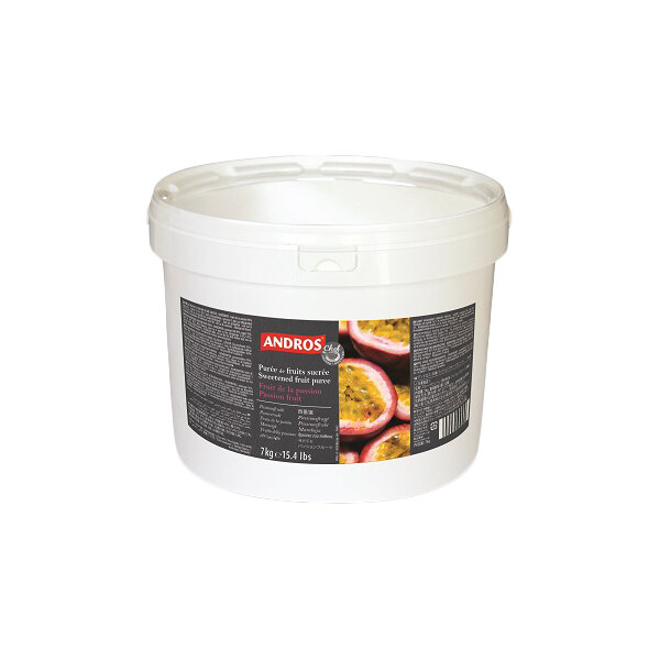A large white plastic tub of Andros Chef Sweetened Passion Fruit Puree weighing 15.4 pounds.