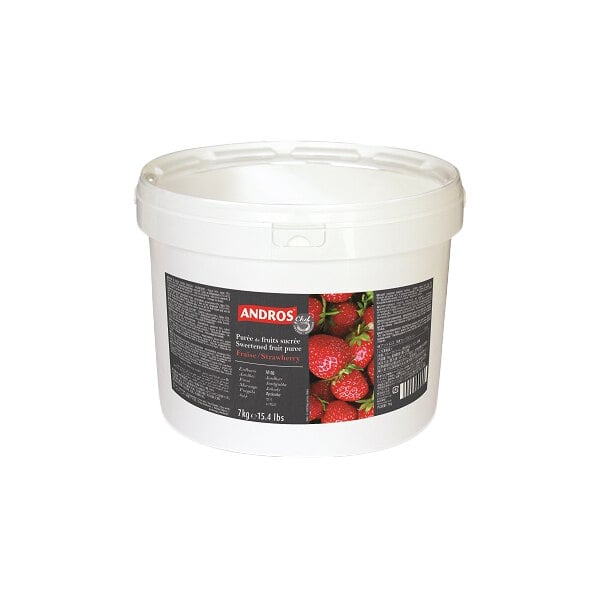 A large white tub of Andros Chef Sweetened Strawberry Puree weighing 15.4 pounds.